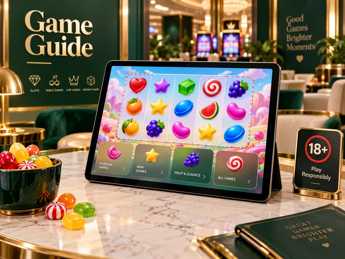 casino games guide interface with colourful fictional reels